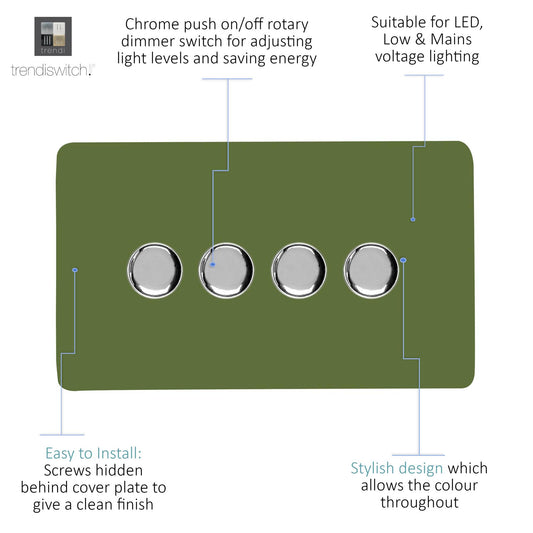 Trendi 4 Gang 2 Way 240V 100w LED Dimmer Screwless Raised Front Plate Plastic Artistic Modern Glossy 10 Amp Chrome Single Electrical Wall Light Switch in Moss Green - ART-4LDMMG