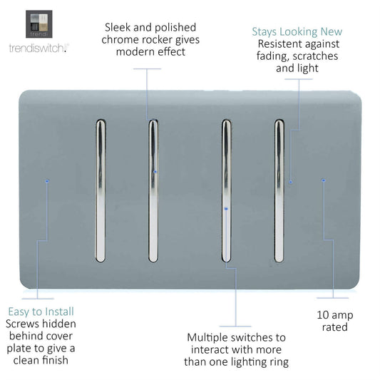 Trendi 4 Gang (2 Way & 3xIntermediate) Glossy 10 Amp Rocker Light Switch Cool Grey