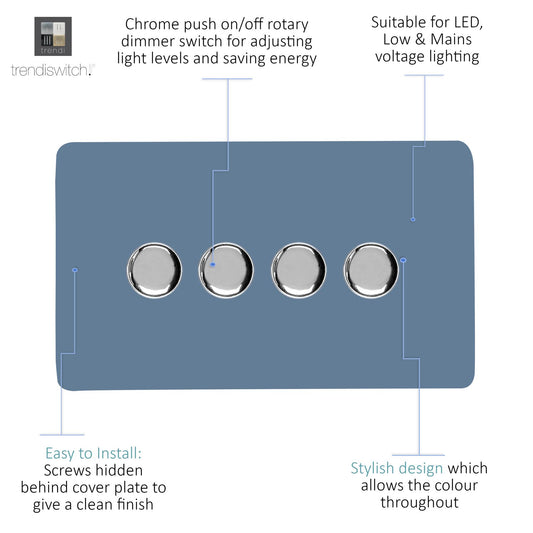 Trendi 4 Gang 2 Way 240V 100w LED Dimmer Screwless Raised Front Plate Plastic Artistic Modern Glossy 10 Amp Chrome Single Electrical Wall Light Switch in Sky - ART-4LDMSK