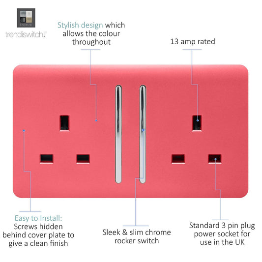 Trendi 2 Gang Raised Artistic Modern Glossy Screwless 13 Amp Single Pole with Chrome Switched UK Standard Electrical Double Wall Plug Socket in Strawberry Red - ART-SKT213LSB