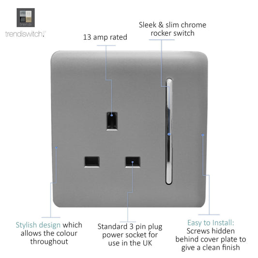 Trendi 1 Gang Artistic Modern Glossy 13 Amp Switched Tactile Plug Socket Light Grey