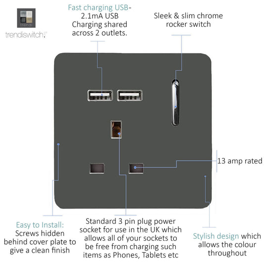 Trendi 1 Gang Artistic Modern Glossy 13 Amp 2x2.1mA USB Switched Tactile Charcoal