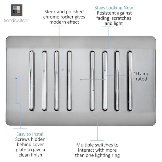 Trendi Artistic Modern Glossy 8 Gang 2 Way Rocker Double Plate Light Switch in Stainless Steel