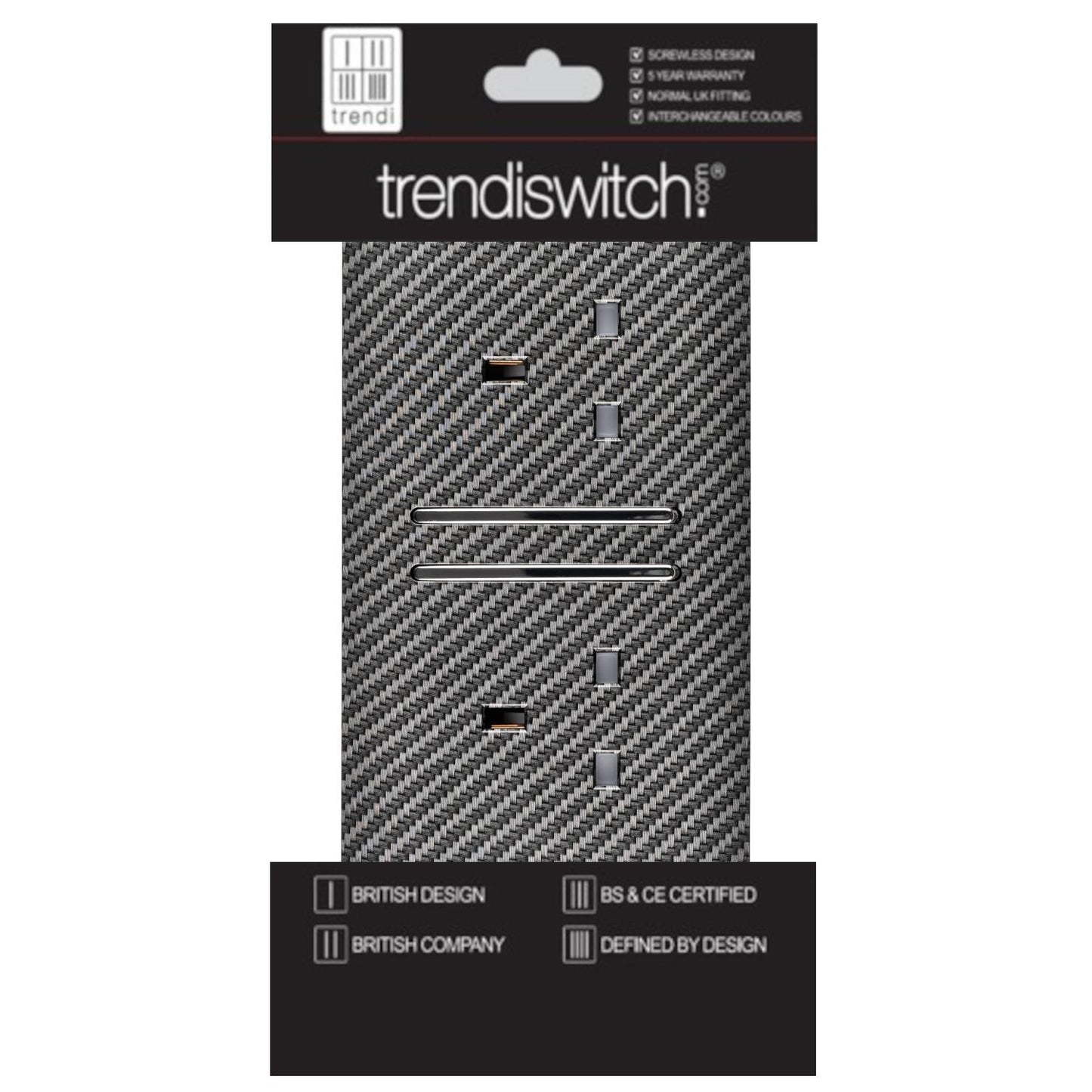 Trendi 2 Gang Artistic Modern Glossy 13 Amp Long Switched Tactile Plug Socket Carbon Fibre (7 Pack)