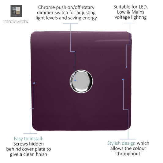 Trendi 1 Gang 2 Way 240V 100w LED Dimmer Screwless Raised Front Plate Plastic Artistic Modern Glossy 10 Amp Chrome Single Electrical Wall Light Switch in Plum Purple - ART-LDMPL