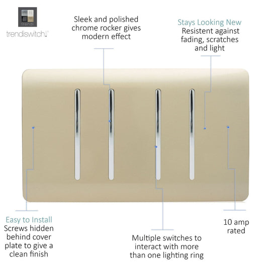 Trendi 4 Gang (2 Way & 2xIntermediate) Glossy 10 Amp Rocker Light Switch Gold