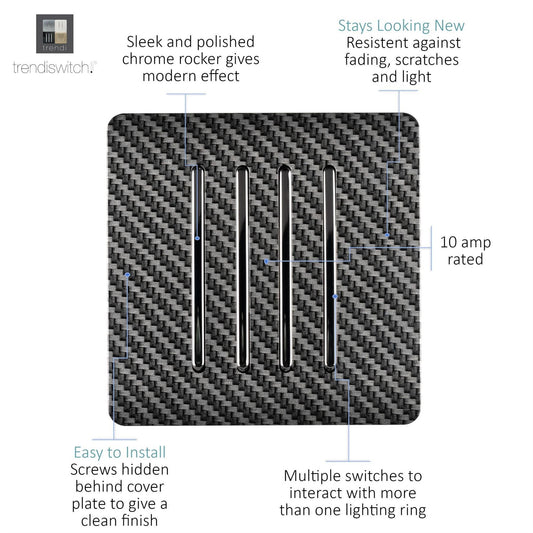 Trendi Switch 4 Gang 1 or 2 way Rocker Modern Designer Light Switch in Carbon Fibre