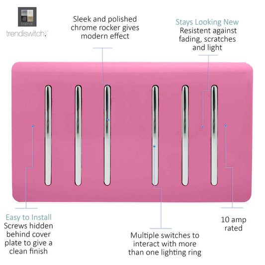 Trendi Artistic Modern Glossy 6 Gang 2 Way Rocker Double Plate Tactile Light Switch Pink