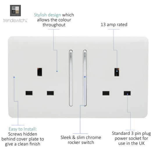 Trendi 2 Gang Raised Artistic Modern Screwless 13 Amp Single Pole with Chrome Switched UK Standard Electrical Double Wall Plug Socket in Matt White - ART-SKT213LMWH