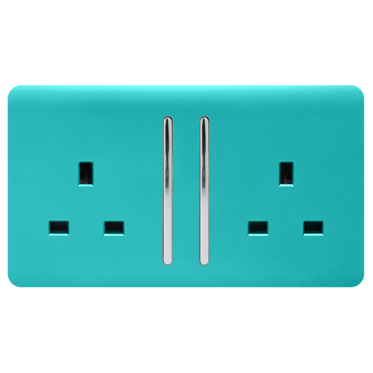 Trendi 2 Gang Artistic Modern Glossy 13 Amp Switched Tactile Plug Socket Bright Teal (5 Pack)