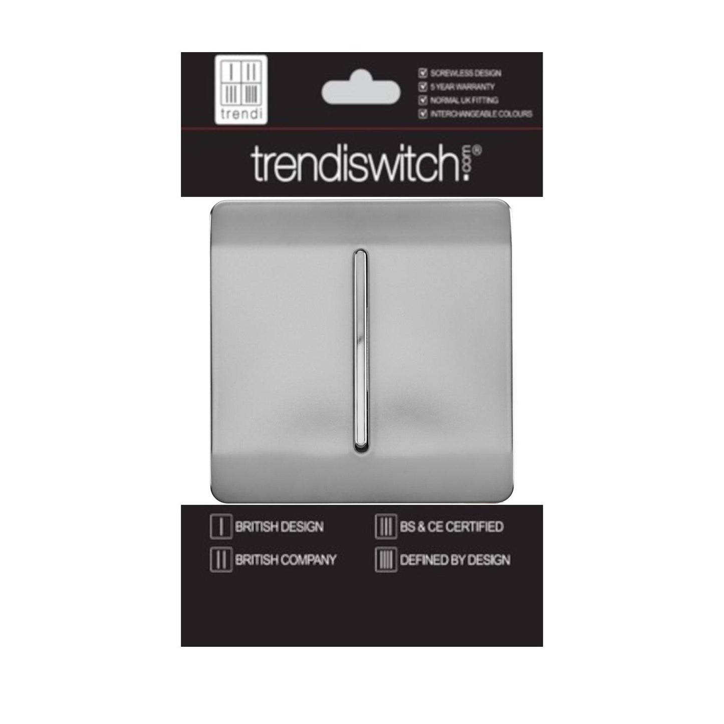 Trendi 1 Gang 2 Way 240V Screwless Artistic Modern Glossy 10 Amp Chrome Rocker Electrical Wall Light Switch in Brushed Steel (2 pack)