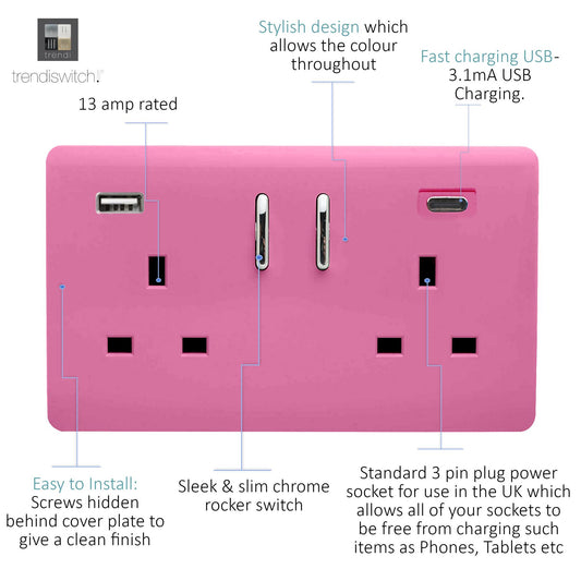 Trendi 2 Gang Artistic Modern Glossy 13 Amp 2 x Type A & C 3100mA USB Switched Plug Socket Candy Pink