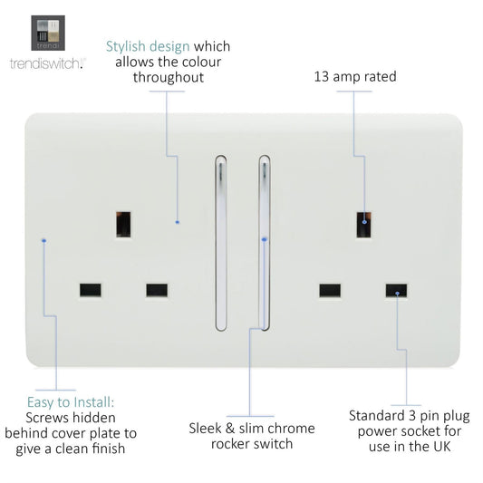 Trendi 2 Gang Artistic Modern 13 Amp Switched Plug Socket White ART-SKT213LWH