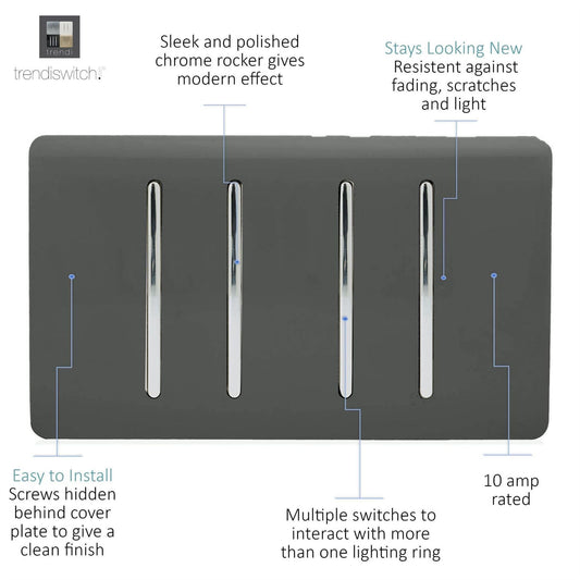 Trendi 4 Gang (2 Way & 2xIntermediate) Glossy 10 Amp Rocker Light Switch Charcoal