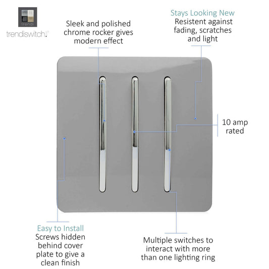 Trendi 3 Gang 2 Way Artistic Modern Glossy 10 Amp Rocker Tactile Light Switch Light Grey