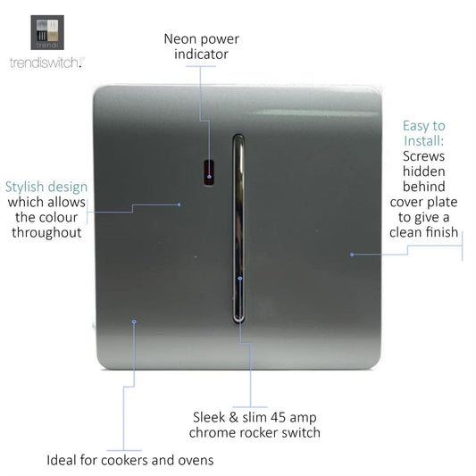 Trendi Artistic Modern 20 A Light Switch & Neon Insert Silver ART-WHS1SI