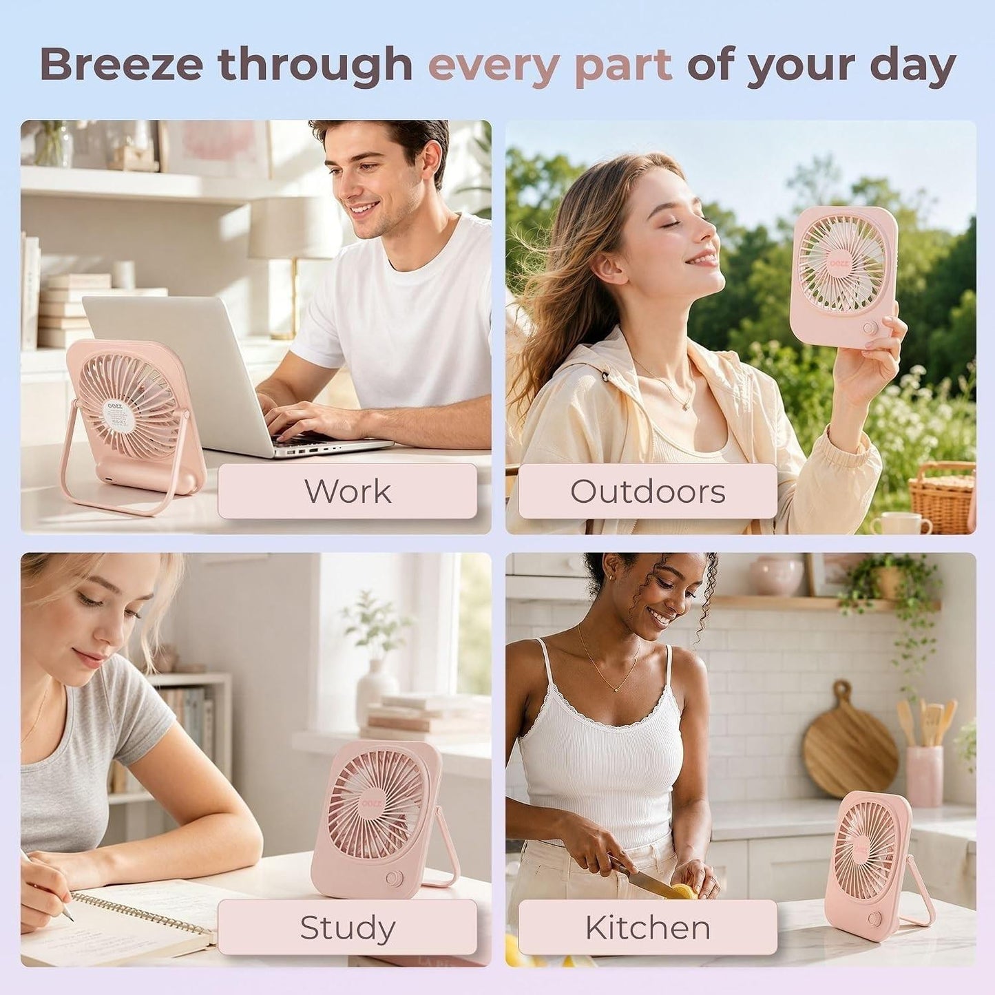 OOZZ Ultra-Slim Portable Desk Fan, Compact Personal Cooling Fan, Stepless Speed Control, USB-C Rechargeable Battery, Quiet Operation for Home & Office, OZ-4122 (Pink)