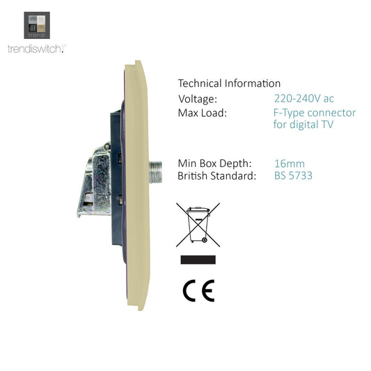 Trendi Switch Champagne Gold TV Coaxial & F-Type Satellite Socket - Screwless