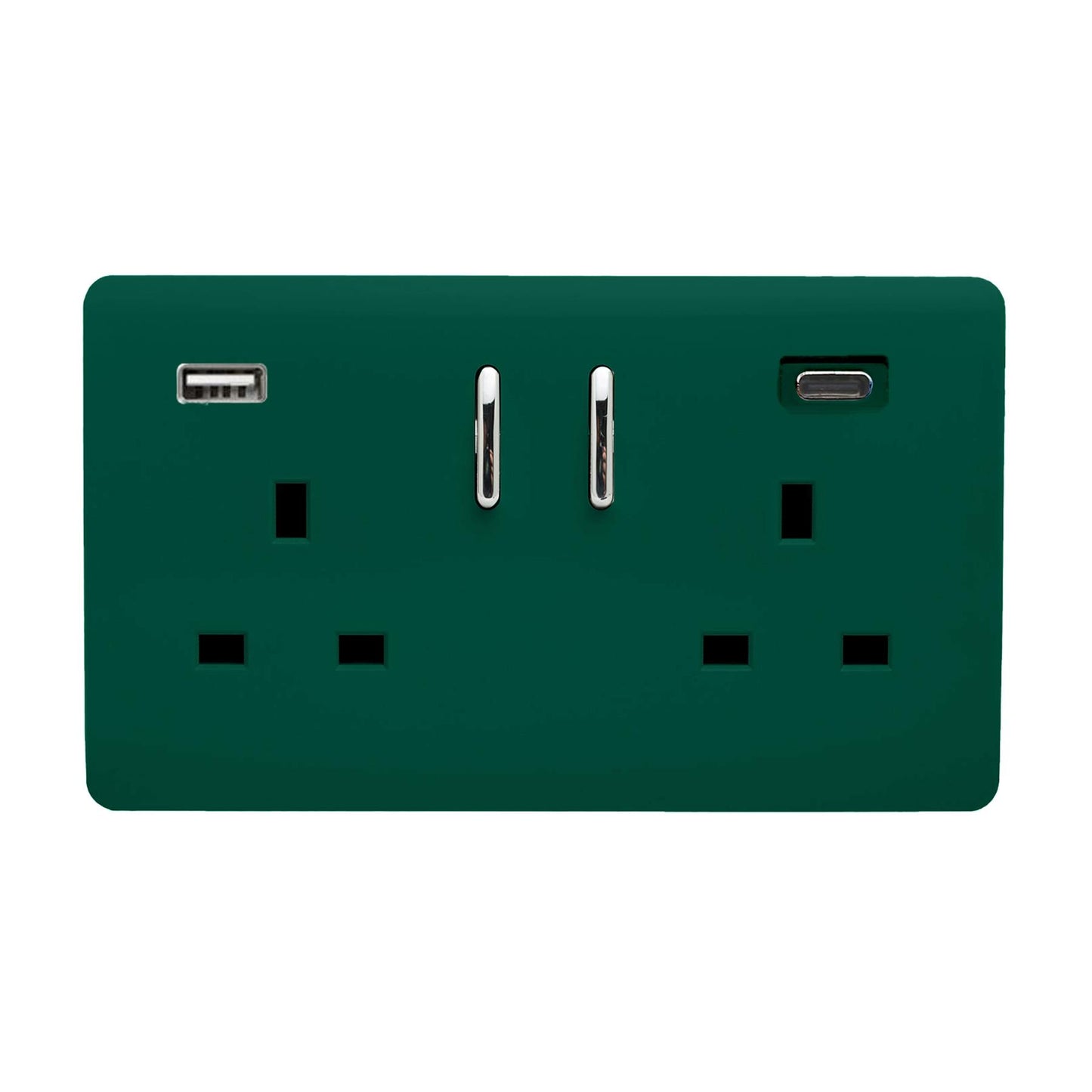 Dark Green Screwless 2 Gang Switched Double Socket 13A With 1 x USB-A & 1 x USB-C 65W (Shared), (35mm Back Box Req.), 10yrs Warranty