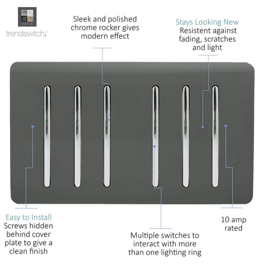 Trendi Artistic Modern Glossy 6 Gang 2 Way Rocker Double Plate Tactile Light Switch Charcoal