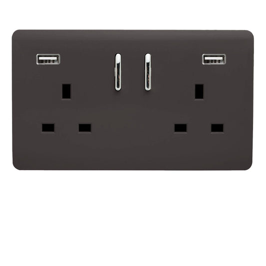 Trendi 2 Gang Artistic Modern Glossy 13 Amp 2 x 3.1mA USB Switched Plug Socket Dark Brown