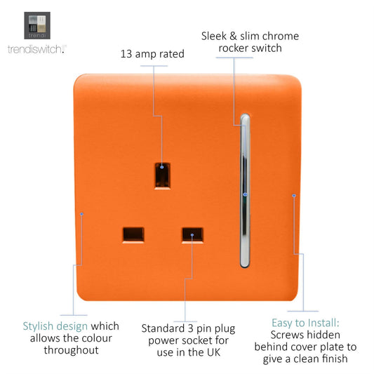Trendi 1 Gang Artistic Modern Glossy 13 Amp Switched Tactile Plug Socket Orange