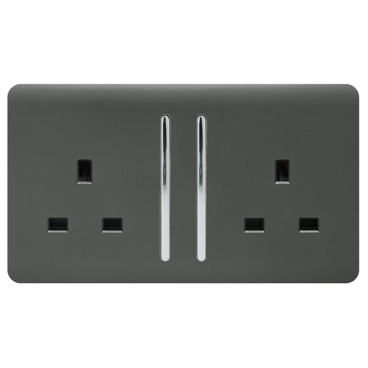 Trendi 2 Gang Artistic Modern Glossy 13 Amp Switched Tactile Plug Socket Charcoal (5 Pack)