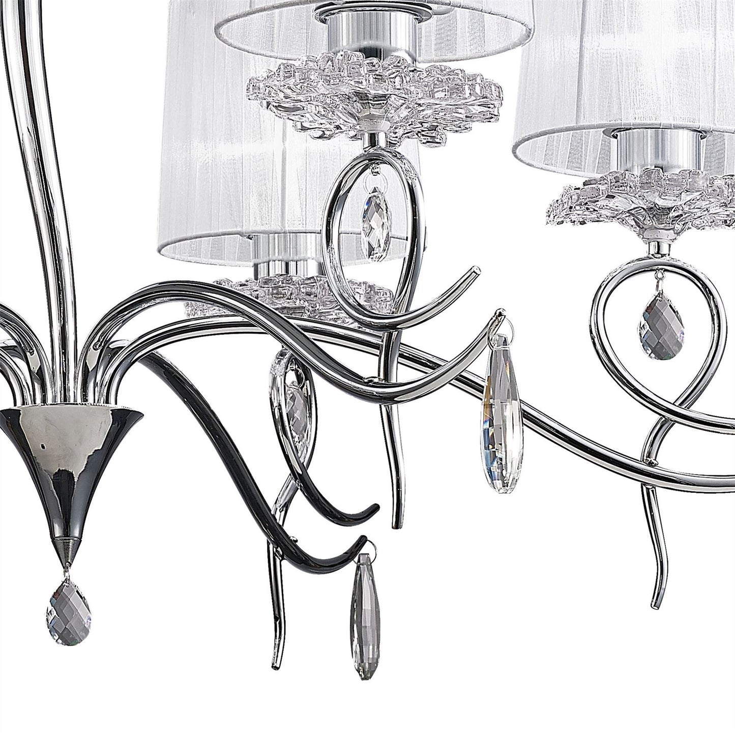 Mantra Louise Pendant 6 Light E27 with White Shades Polished Chrome/Clear Crystal