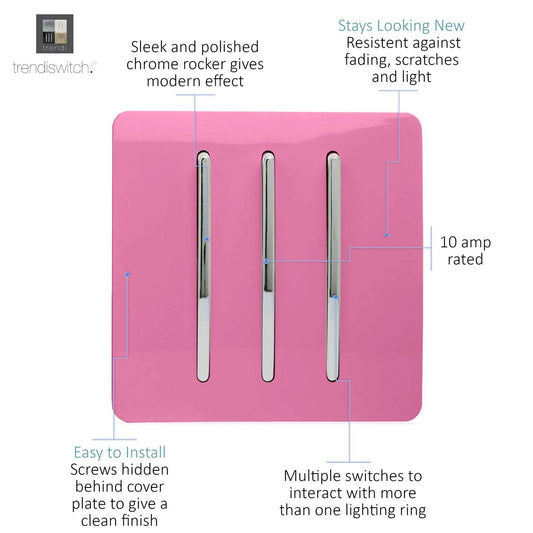 Trendi 3 Gang 2 Way Artistic Modern Glossy 10 Amp Rocker Tactile Light Switch Pink