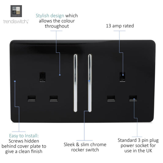 Trendi 2 Gang Artistic Modern 13 Amp Switched Plug Socket Black ART-SKT213LBK
