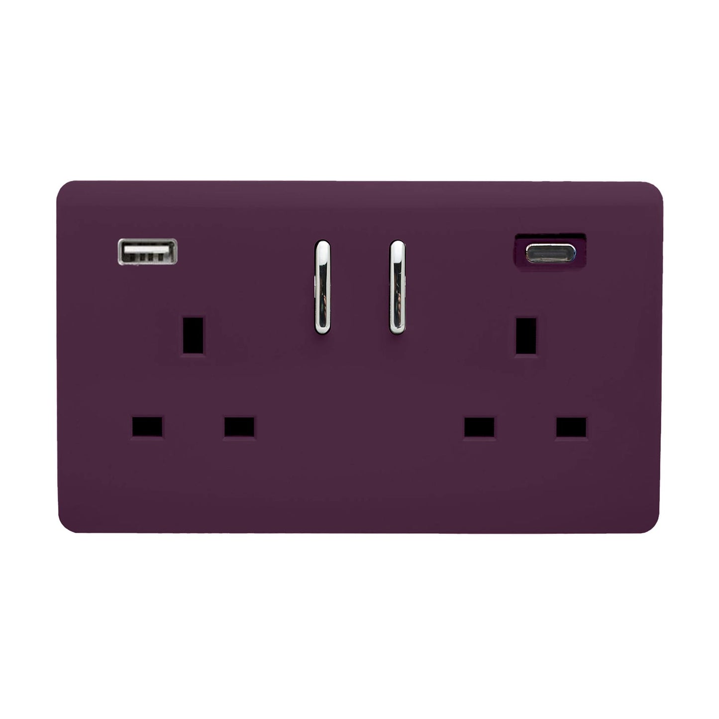 Plum Screwless 2 Gang Switched Double Socket 13A With 1 x USB-A & 1 x USB-C 45W (Shared), (35mm Back Box Req.), 10yrs Warranty