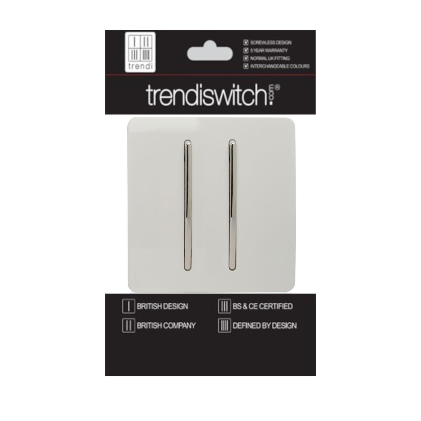 Trendi 2 Gang 2 Way 240V Screwless Artistic Modern Glossy 10 Amp Chrome Rocker Electrical Wall Light Switch in Ice White (2 pack)