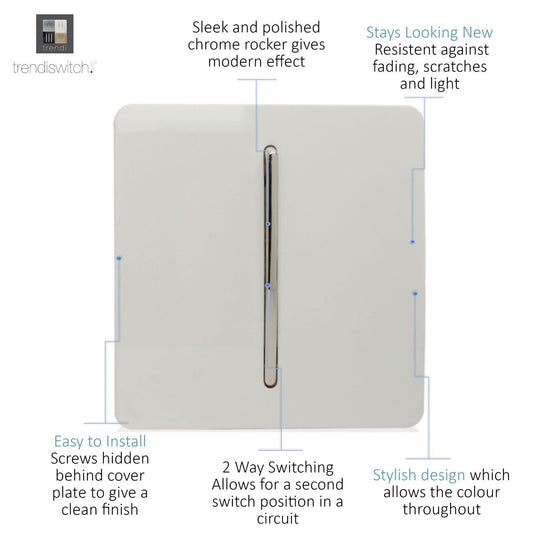Trendi 1 Gang 2 Way 10A Modern Screwless Rocker Light Switch – Ice White (ART‑SS2WH)