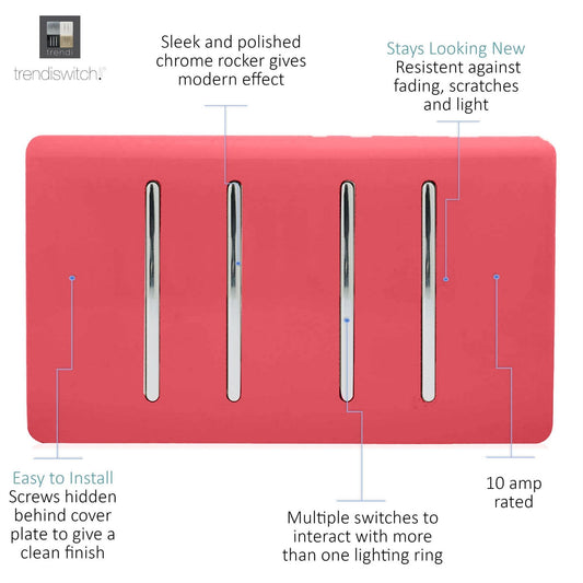 Trendi Artistic Modern Glossy 4 Gang 2 Way Rocker Double Plate Tactile Light Switch Strawberry