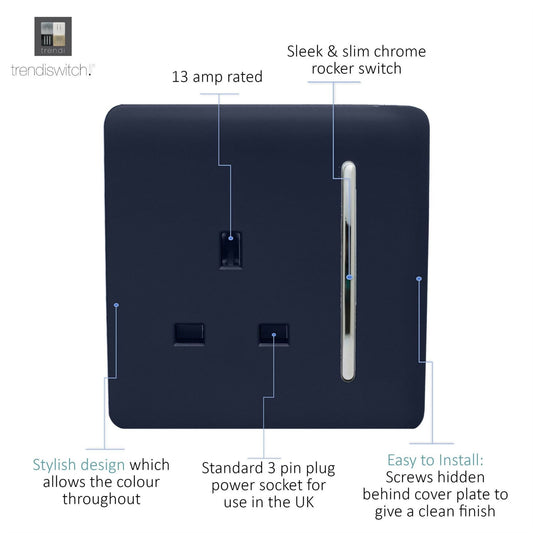 Trendi 1 Gang Artistic Modern Glossy 13 Amp Switched Tactile Plug Socket Navy