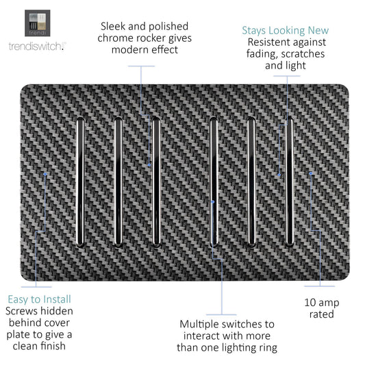 Trendi Switch 6 Gang 1 or 2 Way Modern Designer Light Switch in Carbon Fibre
