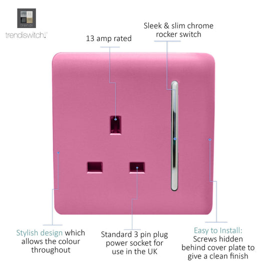 Trendi 1 Gang Artistic Modern Glossy 13 Amp Switched Tactile Plug Socket Pink