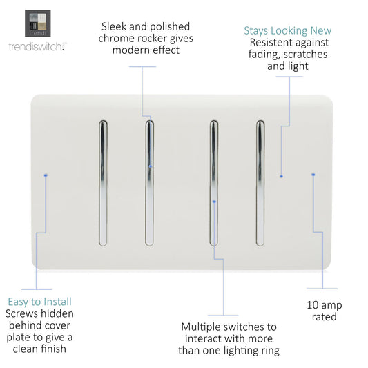 Trendi 4 Gang 3 Way Intermediate 10 Amp Rocker Light Switch Matt White - ART-SS9999MWH