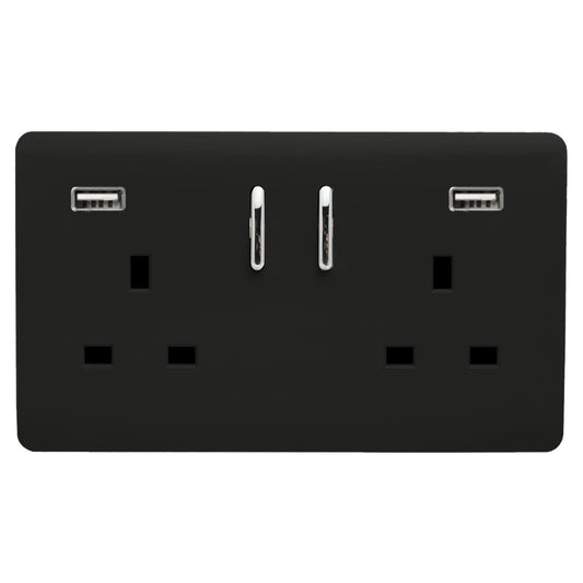 Trendi 2 Gang Artistic Modern Glossy 13 Amp 2 x 3.1mA USB Switched Plug Socket Matt Black