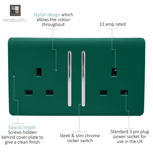 Trendi 2 Gang Raised Artistic Modern Glossy Screwless 13 Amp Single Pole with Chrome Switched UK Standard Electrical Double Wall Plug Socket in Dark Forest Green - ART-SKT213LDG