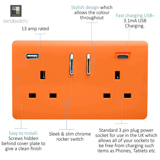 Trendi 2 Gang Artistic Modern Glossy 13 Amp 2 x Type A & C 3100mA USB Switched Plug Socket Sunset Orange