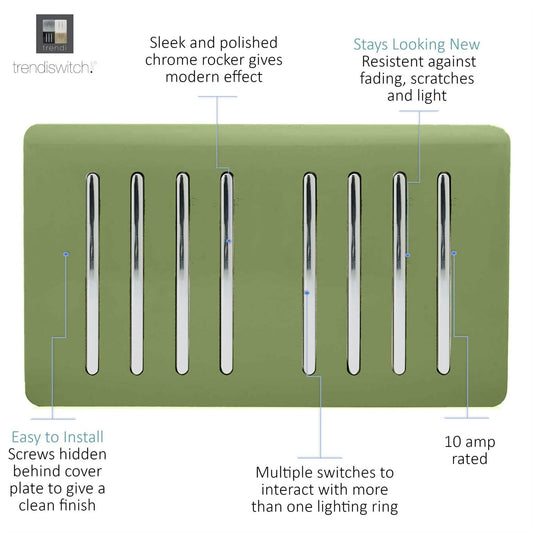 Trendi Artistic Modern Glossy 8 Gang 2 Way Rocker Double Plate Tactile Light Switch Moss Green