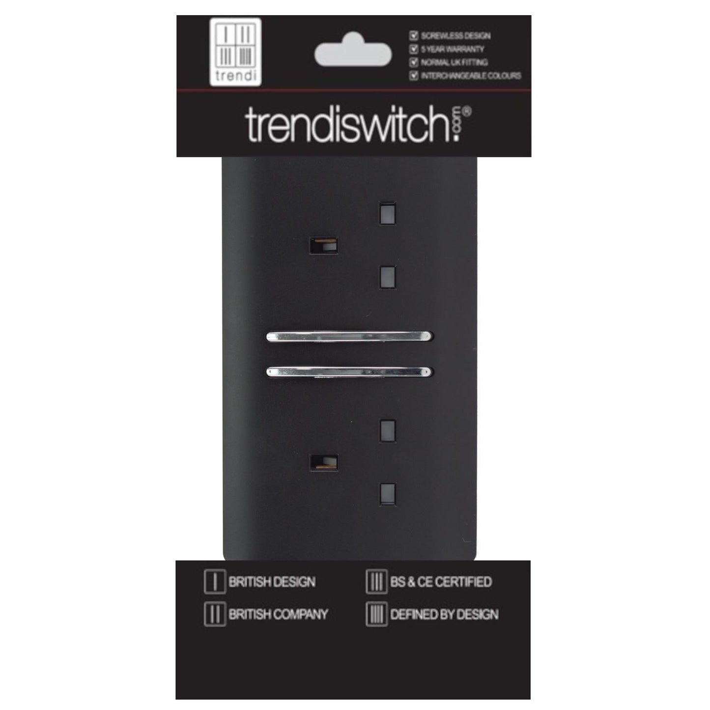 Trendi 2 Gang Artistic Modern Glossy 13 Amp Switched Plug Socket Matt Black (7 Pack)