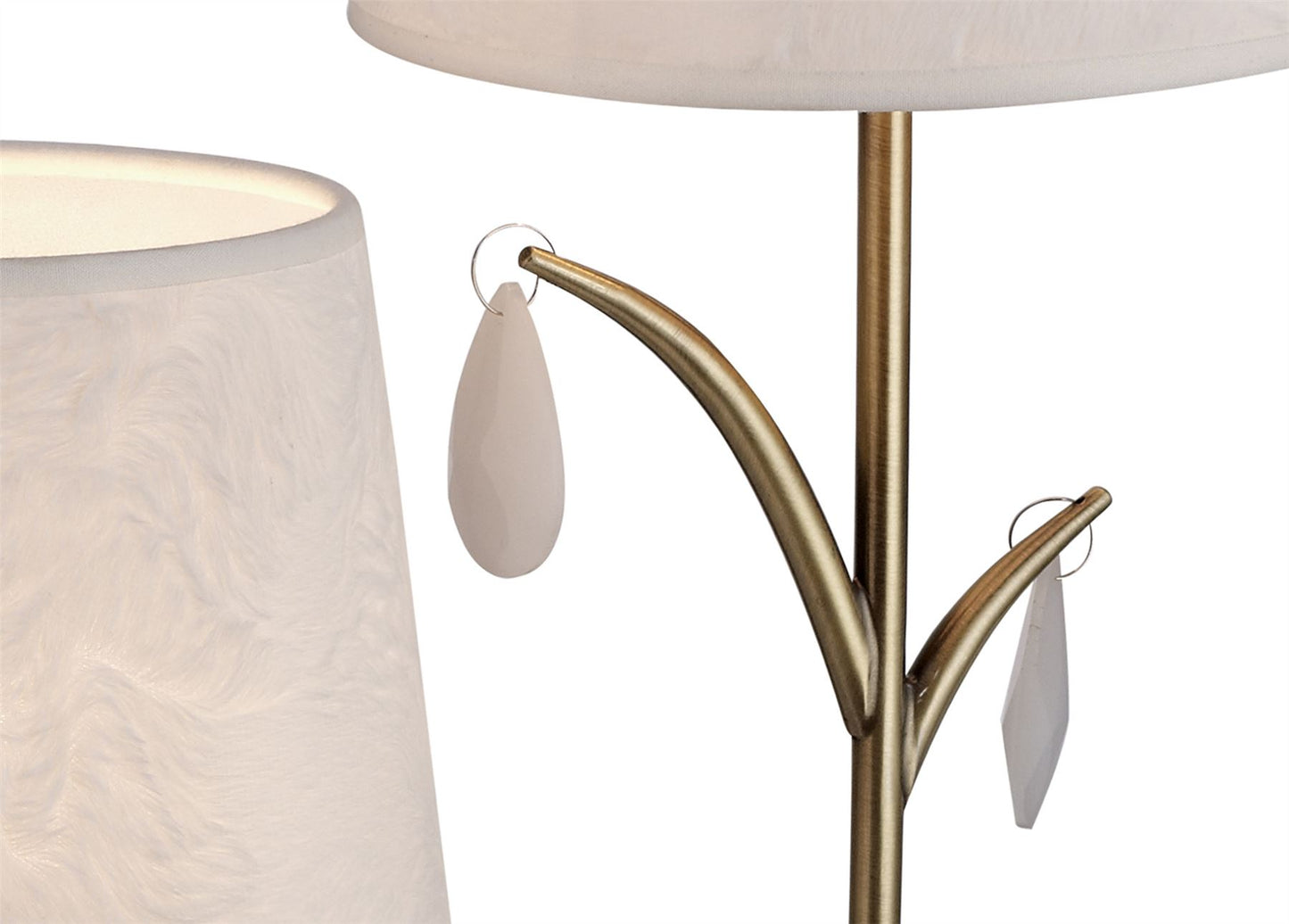 Mantra M6338 Andrea Table Lamp 63cm, 2 x E14 (Max 20W), Antique Brass, White Shades, White Crystal Droplets