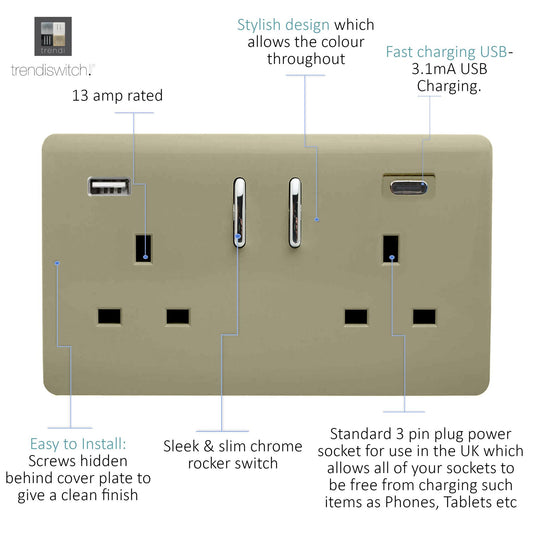 Trendi Switch 2 Gang Type A & C USB 3100mA Modern Designer Plug Socket in Champagne Gold