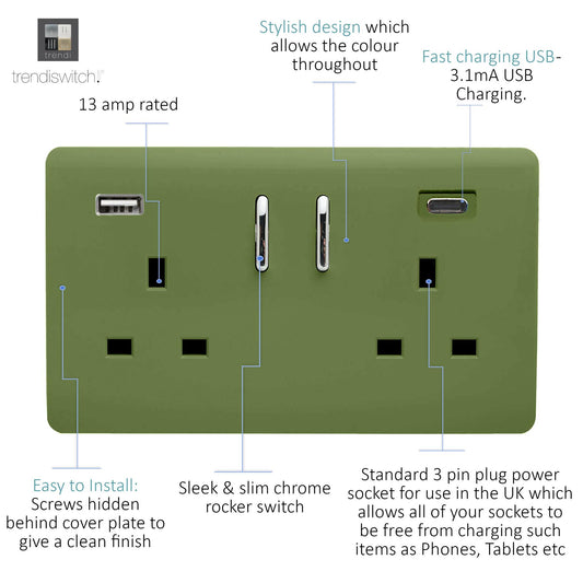 Trendi 2 Gang Artistic Modern Glossy 13 Amp 2 x Type A & C 3100 mA USB Switched Plug Socket Moss Green