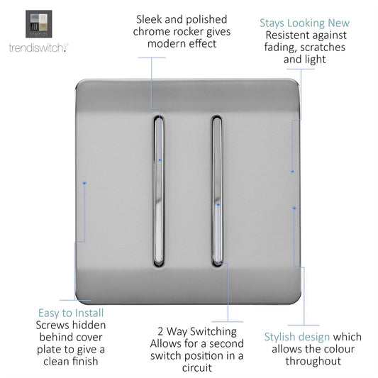 Trendi 2 Gang 2 Way Artistic Modern Glossy 10 Amp Rocker Tactile Light Switch Stainless Steel