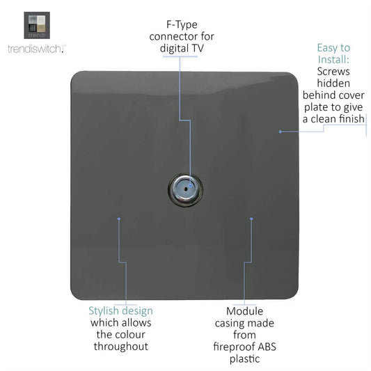 Trendi 1 Gang Artistic Modern Glossy Screwless Television Satellite Socket Charcoal