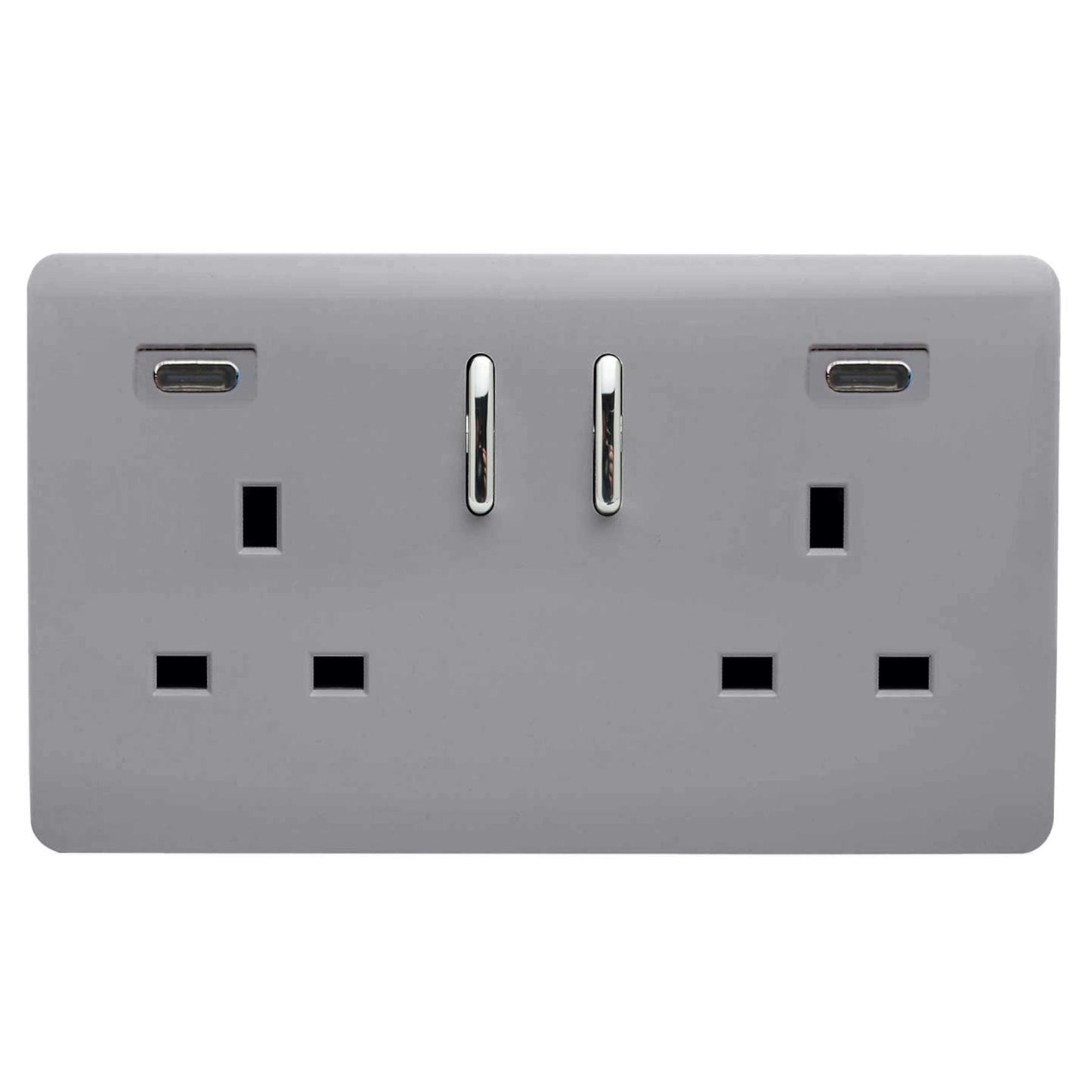 Platinum Silver Screwless 2 Gang Switched Double Socket 13A With 2 x USB-C 65W (Shared), (35mm Back Box Req.), 10yrs Warranty