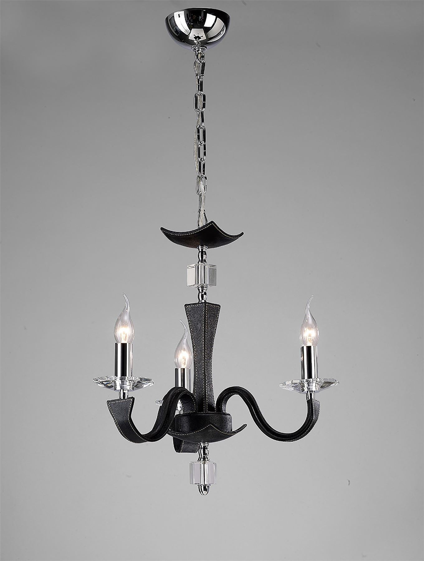 Diyas Nardini 50cm  3 Light E14 Polished Chrome/Black Faux Leather/Crystal Ceiling Pendant Light Fitting